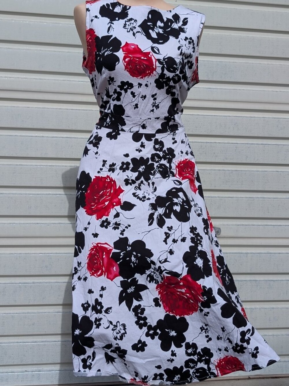 Mixinni Women's XXL Black White Floral A-Line Retro Dress Sleeveless Fit & Flare